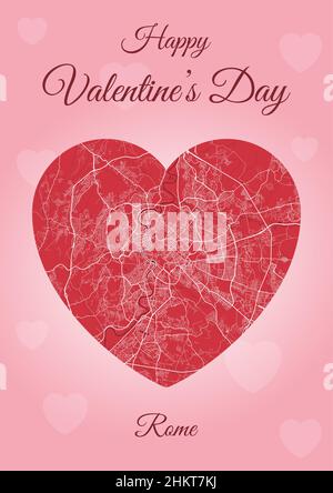 Happy Valentine's Day Weihnachtskarte mit Rom Karte in Herzform. Vertikale A4 Rosa und rote Farbvektordarstellung. Ich liebe City travel City Scape. Stock Vektor