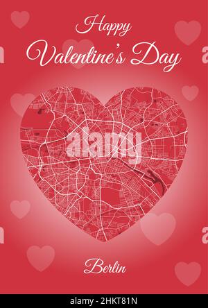 Happy Valentine's Day Weihnachtskarte mit Berlin-Karte in Herzform. Vertikale A4 rote Farbvektordarstellung. Ich liebe City travel City Scape. Stock Vektor