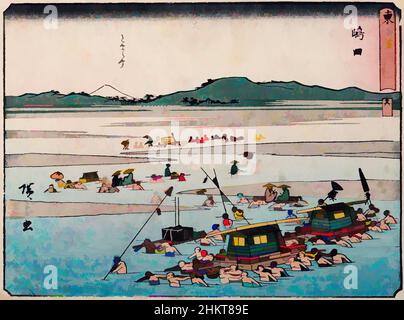 Kunst inspiriert von Tokaido gojo santsugi. Shimada. Platte Nr. 24. Aus der Serie: 53 Stationen der Tokaido Road., Utagawa Hiroshige, Künstler, 1837-1839, Japan, Der Holzschnitt, Utagawa (Ando) Hiroshige (1797-1858), war ein renommierter Maler und Grafiker, der noch immer die alten Autoritäten hatte, die klassischen Werke, die von Artotop mit einem Schuss Moderne modernisiert wurden. Formen, Farbe und Wert, auffällige visuelle Wirkung auf Kunst. Emotionen durch Freiheit von Kunstwerken auf zeitgemäße Weise. Eine zeitlose Botschaft, die eine wild kreative neue Richtung verfolgt. Künstler, die sich dem digitalen Medium zuwenden und die Artotop NFT erschaffen Stockfoto