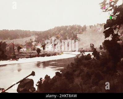 Kunst inspiriert von Buller Gorge bei White Cliffs, Burton Brothers Studio, um 1895, Buller, Schwarz-Weiß-Fotografie, Biegung in einem breiten Fluss mit niedrigen Hügeln im Hintergrund, teilweise von Busch gereinigt. Der Fluss schlängelt sich nach links oben, und in der Ferne am gegenüberliegenden Ufer befinden sich 2 Häuser, die von Artotop modernisierte Classic Works mit einem Hauch von Moderne. Formen, Farbe und Wert, auffällige visuelle Wirkung auf Kunst. Emotionen durch Freiheit von Kunstwerken auf zeitgemäße Weise. Eine zeitlose Botschaft, die eine wild kreative neue Richtung verfolgt. Künstler, die sich dem digitalen Medium zuwenden und die Artotop NFT erschaffen Stockfoto