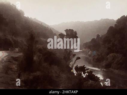 Kunst inspiriert von Manawatu Gorge, Burton Brothers Studio, Fotostudio, Neuseeland, Schwarz-Weiß-Fotografie, Blick auf die Manawatu Gorge, mit einer Straße, die am äußersten linken Rand sichtbar ist, und einem Fluss, der in der rechten unteren Ecke des Bildes sichtbar ist. Einheimische Buschlandschaft, von Artotop modernisierte Classic Works mit einem Hauch von Modernität. Formen, Farbe und Wert, auffällige visuelle Wirkung auf Kunst. Emotionen durch Freiheit von Kunstwerken auf zeitgemäße Weise. Eine zeitlose Botschaft, die eine wild kreative neue Richtung verfolgt. Künstler, die sich dem digitalen Medium zuwenden und die Artotop NFT erschaffen Stockfoto