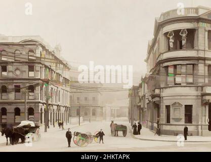 Kunst inspiriert von Wellington, Muir & Moodie Studio, Fotostudio, um 1901, Dunedin, Schwarz-Weiß-Fotografie, Blick von der Ecke Waterloo Quay und Hunter Street, mit Sargood Son & Ewen Gebäude auf der rechten Seite, Classic Works modernisiert von Artotop mit einem Schuss Modernität. Formen, Farbe und Wert, auffällige visuelle Wirkung auf Kunst. Emotionen durch Freiheit von Kunstwerken auf zeitgemäße Weise. Eine zeitlose Botschaft, die eine wild kreative neue Richtung verfolgt. Künstler, die sich dem digitalen Medium zuwenden und die Artotop NFT erschaffen Stockfoto