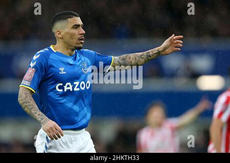 Liverpool, Großbritannien. 05th. Februar 2022. Allan von Everton schaut auf. Emirates FA Cup 4th Round Match, Everton gegen Brentford im Goodison Park Stadion in Liverpool am Samstag, 5th. Februar 2022. Dieses Bild darf nur für redaktionelle Zwecke verwendet werden. Nur zur redaktionellen Verwendung, Lizenz für kommerzielle Nutzung erforderlich. Keine Verwendung in Wetten, Spielen oder einem einzigen Club / Liga / Spieler Publikationen. PIC von Chris Stading / Andrew Orchard Sport Fotografie / Alamy Live News Kredit: Andrew Orchard Sport Fotografie / Alamy Live News Stockfoto