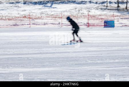 ZHANGJIAKOU, CHINA - 5. FEBRUAR 2022 - Touristen fahren im touristischen Kulunnur-Gebiet in Zhangjiakou, der nordchinesischen Provinz Hebei, am 5. Februar 2022 Ski. Stockfoto