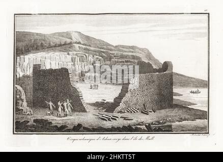 Geologen erkunden den vulkanischen zirkus von Ashna-Cregs, Isle of Mull, Schottland. Ein natürliches Amphitheater aus schwarzer Basaltlava. Nach einer Zeichnung des französischen Geologen Barthelemy Faujas de Saint-Fond. Cirque Volcanique d'Ashna-Cregs dans l'ile de Mull. Kupferstich des Mailänder Malers Gaetano Riboldi aus Scipion Breislaks Traite sur la Structure Exterieur du Globe, Abhandlung über die Außenstruktur des Globen, Jean-Pierre Giegler, Mailand, 1822. Stockfoto