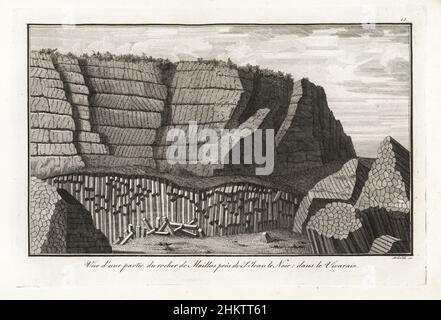 Blick auf einen Teil des Felsens von Maillas, Mont Jastrie, in der Nähe von St. Jean le Noir, Niedere Vivarais, Frankreich. Säulen und Prismen aus schwarzem Basalt. Nach einem Entwurf von Veyrenc in Barthelemy Faujas de Saint-Fond's Recherches sur les volcans eteints, 1778. Vue d'une Partie du rocher de Maillas pres de S. Jean le Noir dans le Vivarais. Kupferstich des Mailänder Malers Gaetano Riboldi aus Scipion Breislaks Traite sur la Structure Exterieur du Globe, Abhandlung über die Außenstruktur des Globen, Jean-Pierre Giegler, Mailand, 1822. Stockfoto