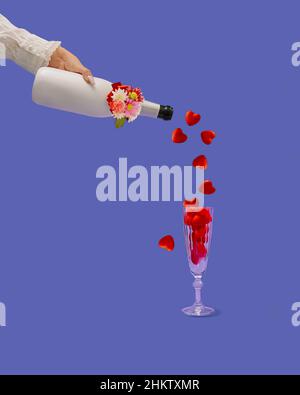 Frau Hand hält weiße Champagner-Flasche mit bunten Blumen Dekoration verziert. Rote Herzen strömen in ein Champagnerglas. Dynamisches Komposit Stockfoto