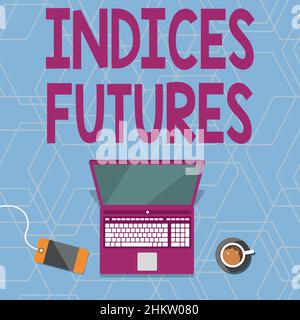 Text mit Inspiration Indizes Futures. Internet-Konzept cashsettled Futures kontrakt auf den Wert einer Aktie Laptop ruht auf Einem Tisch neben Stockfoto