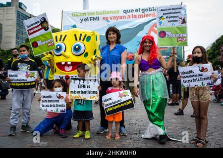 Die ehemalige Abgeordnete und politische Führerin Vilma Ripoll (3rd R) posiert während der Demonstration für eine Kamera.Sozial-Umweltorganisationen veranstalteten im Rahmen des globalen "Oceanazo" einen umweltmarsch vom Obelisken zur Plaza de Mayo zur Verteidigung der Meere und Ozeane. Die Aktion, die in der Stadt Buenos Aires durchgeführt wurde, ergänzt die zahlreichen Proteste gegen die riesige Ausbeutung des Meeres durch multinationale Ölkonzerne. Kredit: SOPA Images Limited/Alamy Live Nachrichten Stockfoto