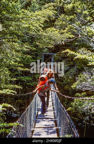 Die Wanderer Barbara, Adrian und Chris überqueren den Routeburn River auf dem Routeburn Track, Fiordland, Neuseeland Stockfoto