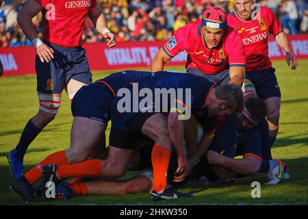 Madrid, Spanien. 05th. Februar 2022. Rugby Europe Championship 2022 - Spanien V Niederlande. Die Ausgaben der Rugby Europe Championship 2023 und 2022 verdoppeln sich als Qualifikationsprozess für die Rugby-Weltmeisterschaft 2023. Complutense Central Stadium, Madrid, Spanien. Kredit: EnriquePSans/Alamy Live Nachrichten Stockfoto