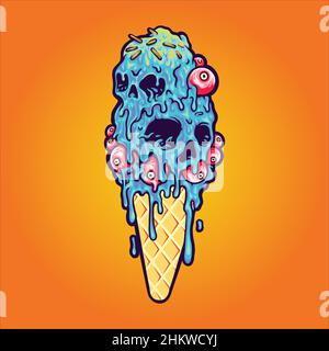 Ice Scream Cone Skull Melting Vektor Illustrationen für Ihre Arbeit Logo, Maskottchen Merchandise T-Shirt, Aufkleber und Label Designs, Poster, Grußkarten Stock Vektor