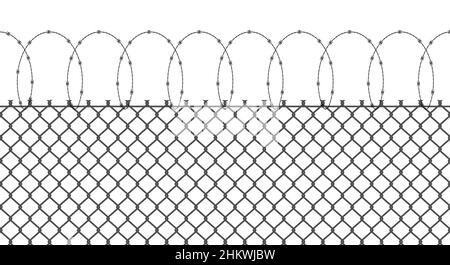 Kettengliederzaun mit spiralförmiger Stacheldraht-Silhouette. Drahtgeflecht, Metallgefängnis aus Stahl oder Sperrbereich. Flache Abbildung isoliert auf weißem Bac Stockfoto