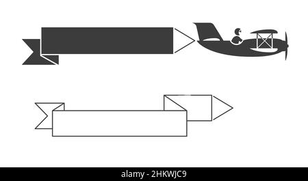 Vorlage für Ebenenbanner. Ein einmotoriger Flieger unter der Kontrolle eines Piloten zieht ein Bandbanner. Einfarbig schwarz und Linienkunst Design-Element. Flaches illu Stockfoto