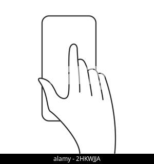 Hand mit Telefon, Smartphone Zeigefinger. Einfaches Tippen auf flaches Symbol, Touch- und Handgesten, mobile Benutzeroberfläche. Flache Liniendarstellung isoliert auf weißem BA Stockfoto