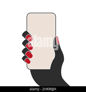 Weibliche Hand mit roter Maniküre hält ein Smartphone mit leerem Bildschirm. Flache Abbildung isoliert auf weißem Hintergrund. Stockfoto