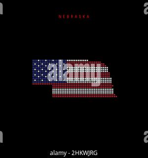 Karte mit quadratischen Punkten von Nebraska. Gepunktete Pixelkarte mit amerikanischen Nationalflaggenfarben isoliert auf schwarzem Hintergrund. Illustration. Stockfoto