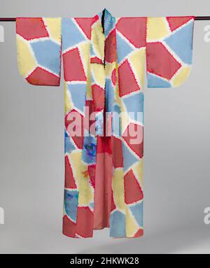 Kunst inspiriert von informellem Frauen-Kimono, Frauen-Kimono mit geometrischem Muster, informeller Frauen-Kimono mit einem Muster über die gesamte Oberfläche großer, unregelmäßig geformter Bereiche in Rot, Gelb und Blau, mit den Trennlinien in Weiß. Feine Kreppseide (Kinsha) mit einem Damast gewebten Schlüssel, klassische Werke, die von Artotop mit einem Schuss Modernität modernisiert wurden. Formen, Farbe und Wert, auffällige visuelle Wirkung auf Kunst. Emotionen durch Freiheit von Kunstwerken auf zeitgemäße Weise. Eine zeitlose Botschaft, die eine wild kreative neue Richtung verfolgt. Künstler, die sich dem digitalen Medium zuwenden und die Artotop NFT erschaffen Stockfoto