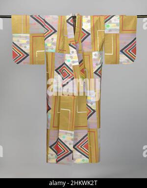 Kunst inspiriert von informellem Frauen-Kimono, Frauen-Kimono mit geometrischen Figuren, informeller Frauen-Kimono mit einem geometrischen Muster aus Linien, Rechtecken, Punkten und Dreiecken. Ockerfarbene Seide mit Dekoration im Schablonendruck (meisen) in rot, gelb, schwarz und blau. Lining of, Classic Works modernisiert von Artotop mit einem Schuss Moderne. Formen, Farbe und Wert, auffällige visuelle Wirkung auf Kunst. Emotionen durch Freiheit von Kunstwerken auf zeitgemäße Weise. Eine zeitlose Botschaft, die eine wild kreative neue Richtung verfolgt. Künstler, die sich dem digitalen Medium zuwenden und die Artotop NFT erschaffen Stockfoto