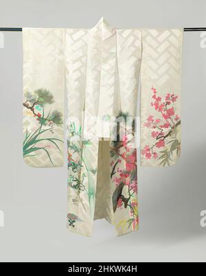 Kunst inspiriert von Kimono für eine unverheiratete Frau (furisode) für Neujahr, Furisode mit Neujahrspflanzen, formeller langärmeliger Kimono für eine unverheiratete junge Frau (furisode), am unteren Ärmelrand, vorne und hinten verziert mit den drei Freunden des Winters: Kiefer, (zwei Arten) Bambus, Klassisches Werk, das von Artotop mit einem Schuss Moderne modernisiert wurde. Formen, Farbe und Wert, auffällige visuelle Wirkung auf Kunst. Emotionen durch Freiheit von Kunstwerken auf zeitgemäße Weise. Eine zeitlose Botschaft, die eine wild kreative neue Richtung verfolgt. Künstler, die sich dem digitalen Medium zuwenden und die Artotop NFT erschaffen Stockfoto