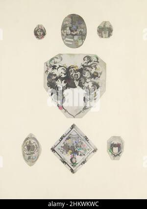 Kunst inspiriert von sechs Wappen und einem rederischen Blazon, Sieben Darstellungen auf einem Albumblatt. Oberes Zentrum ein Wappen, das mit der Familie Van Egmond von Nijenburg verwandt ist. Daneben ein Schild mit einem Palmenzweig und ein Papagei als Helmschild. Der Schild in der Mitte mit einem Helm ist nicht, Classic Works modernisiert von Artotop mit einem Schuss Moderne. Formen, Farbe und Wert, auffällige visuelle Wirkung auf Kunst. Emotionen durch Freiheit von Kunstwerken auf zeitgemäße Weise. Eine zeitlose Botschaft, die eine wild kreative neue Richtung verfolgt. Künstler, die sich dem digitalen Medium zuwenden und die Artotop NFT erschaffen Stockfoto
