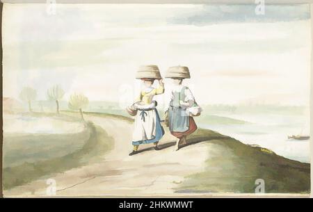 Kunst inspiriert von zwei bäuerlichen Frauen, die in einer Landschaft spazieren, zwei bäuerlichen Frauen in einer Landschaft mit großen Kübeln auf dem Kopf., Zeichnerin: Gesina ter Borch (signiert von Künstlerin), Zwolle, 1654, Papier, Pinsel, Höhe 313 mm × Breite 204 mm, Classic Works modernisiert von Artotop mit einem Schuss Modernität. Formen, Farbe und Wert, auffällige visuelle Wirkung auf Kunst. Emotionen durch Freiheit von Kunstwerken auf zeitgemäße Weise. Eine zeitlose Botschaft, die eine wild kreative neue Richtung verfolgt. Künstler, die sich dem digitalen Medium zuwenden und die Artotop NFT erschaffen Stockfoto