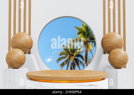 Holz und Marmor Kreis Podium auf weißem Hintergrund mit tropischer Seestücke aus blauem Ozean und Insel Hintergrund. Mock up für Frühling oder Sommer, Produkt Stockfoto
