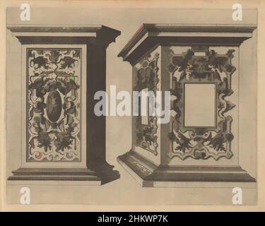 Kunst inspiriert von zwei Piestals, in The Composite and Corinthian Order, das ander Buech gemacht auff die zway Colonnen, Corinthia und composita (Serientitel), zwei Piestals. Auf der linken Seite ein Piedestal, dessen Vorderseite mit einer ovalen Kartusche mit einem Mann oder Satyr verziert ist, in einem Rahmen von klassischen Werken, die von Artotop mit einem Schuss Moderne modernisiert wurden. Formen, Farbe und Wert, auffällige visuelle Wirkung auf Kunst. Emotionen durch Freiheit von Kunstwerken auf zeitgemäße Weise. Eine zeitlose Botschaft, die eine wild kreative neue Richtung verfolgt. Künstler, die sich dem digitalen Medium zuwenden und die Artotop NFT erschaffen Stockfoto