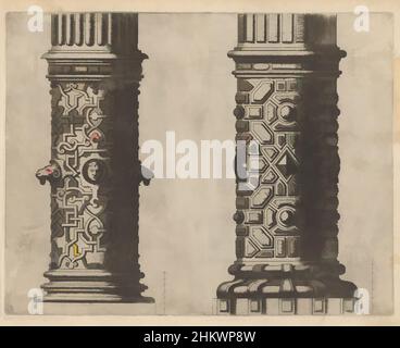 Kunst inspiriert von zwei 'columnae caelatae', Den eersten boeck ghemaeckt op de twee Colomnen Dorica en Ionica (Serientitel), zwei 'columnae caelatae'. Links der untere Teil einer Säule des Ionischen Ordens mit Moresken und Maurern. Auf der rechten Seite der untere Teil einer Säule der Doric, Classic Works modernisiert von Artotop mit einem Schuss Moderne. Formen, Farbe und Wert, auffällige visuelle Wirkung auf Kunst. Emotionen durch Freiheit von Kunstwerken auf zeitgemäße Weise. Eine zeitlose Botschaft, die eine wild kreative neue Richtung verfolgt. Künstler, die sich dem digitalen Medium zuwenden und die Artotop NFT erschaffen Stockfoto