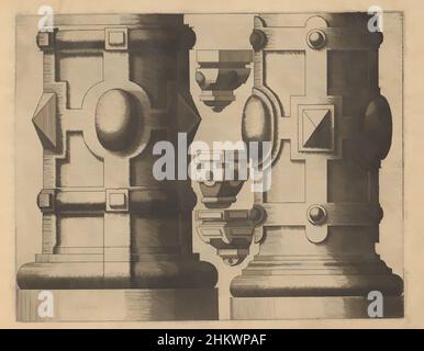 Kunst inspiriert von zwei "columnae caelatae", im toskanischen Orden, Architectura de Oorden Tussschana (Serientitel), zwei "columnae caelatae" mit Rustica, Diamantköpfen und Hemisphäre. Neben drei Konsolen. Der Druck ist Teil eines Albums., Druckerei: Johannes von Lucas van Doetechum, Klassische Werke, die von Artotop mit einem Schuss Moderne modernisiert wurden. Formen, Farbe und Wert, auffällige visuelle Wirkung auf Kunst. Emotionen durch Freiheit von Kunstwerken auf zeitgemäße Weise. Eine zeitlose Botschaft, die eine wild kreative neue Richtung verfolgt. Künstler, die sich dem digitalen Medium zuwenden und die Artotop NFT erschaffen Stockfoto