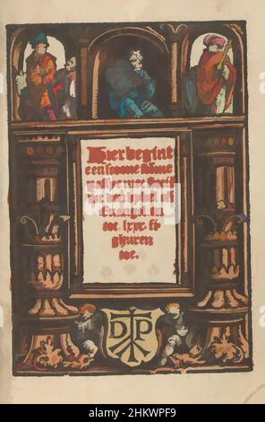 Kunst inspiriert von Ornamental Titelseite mit Figuren aus dem Alten Testament, Hier begint een scoene Stomme passye met Storien wt den bijbel ende Evangelien tot LXXX Fighuren tot, Stomme Passie (Serientitel), über drei Figuren aus dem Alten Testament. Auf der linken Seite ein Mann mit Schwert und, Classic Works modernisiert von Artotop mit einem Schuss Moderne. Formen, Farbe und Wert, auffällige visuelle Wirkung auf Kunst. Emotionen durch Freiheit von Kunstwerken auf zeitgemäße Weise. Eine zeitlose Botschaft, die eine wild kreative neue Richtung verfolgt. Künstler, die sich dem digitalen Medium zuwenden und die Artotop NFT erschaffen Stockfoto