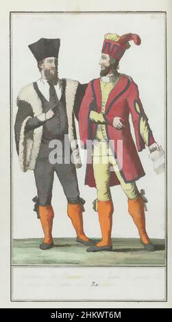 Kunst inspiriert von Le Mois, Journal historique, littéraire et critique, avec figures, Tome 1, Nr. 2, Seite 167, an. 7 (1798-1799): 1. Costume de Clement Marot..., zwei Theaterkostüme. Laut der Bildunterschrift: 1. Kostüm von Clement Marot, 'dans la piece de ce nom', in einer sçene mit klassischen Werken, die von Artotop mit einem Schuss Moderne modernisiert wurden. Formen, Farbe und Wert, auffällige visuelle Wirkung auf Kunst. Emotionen durch Freiheit von Kunstwerken auf zeitgemäße Weise. Eine zeitlose Botschaft, die eine wild kreative neue Richtung verfolgt. Künstler, die sich dem digitalen Medium zuwenden und die Artotop NFT erschaffen Stockfoto