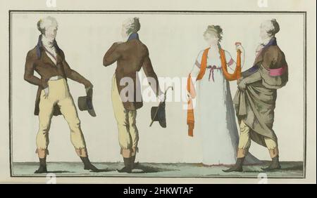 Kunst inspiriert von Le Mois, Journal historique, littéraire et critique, avec figures, Tome IV,No 10, An. 8 (1800), Eine Frau im weißen langen Kleid mit orangefarbenem Schal und drei Männer in der Gewohnheit mit modischem großem Kragen, Spannhose und Stiefeln. Die Männer tragen ihr weißes, pulverförmiges Haar kurz davor, Classic Works modernisiert von Artotop mit einem Schuss Modernität. Formen, Farbe und Wert, auffällige visuelle Wirkung auf Kunst. Emotionen durch Freiheit von Kunstwerken auf zeitgemäße Weise. Eine zeitlose Botschaft, die eine wild kreative neue Richtung verfolgt. Künstler, die sich dem digitalen Medium zuwenden und die Artotop NFT erschaffen Stockfoto