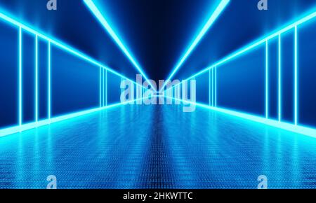 Leerer Raum mit einem unendlichen Gehweg und blauem Neonlicht im Hintergrund. Abstract und Technologiekonzept. 3D Darstellung von Illustrationen Stockfoto