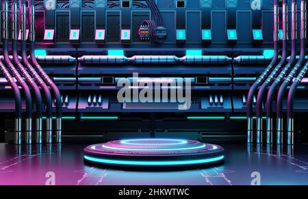 Cyberpunk Sci-Fi Produkt Podium Schaufenster in Raumschiff Basis mit blauen und rosa Hintergrund. Technologie- und Objektkonzept. 3D Darstellung von Illustrationen Stockfoto