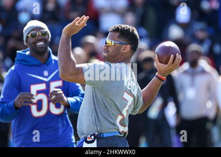 Las Vegas, Nevada, USA. 5th. Februar 2022. Seattle Seahawks Quarterback Russell Wilson (3) während des NFC Pro Bowl Trainings im Las Vegas Ballpark in Las Vegas, Nevada. Darren Lee/CSM/Alamy Live News Stockfoto