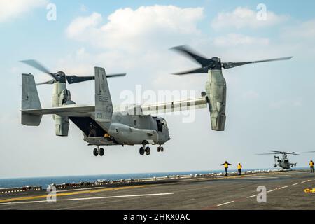 PHILIPPINISCHES MEER (Feb 5, 2022) Ein U.S. Marine Corps MV-22B Osprey, das an Marine Medium Tiltrotor Squadron (VMM) 265 (verstärkt), 31st Marine Expeditionary Unit, angeschlossen ist, bereitet sich auf das Flugdeck des amphibischen Sturmschiffs USS Essex (LHD 2) der Wasp-Klasse für einen Besuch des Marine Corps Brig vor. General Kyle Ellison, Kommandant General, 3rd Marine Expeditionary Brigade, III Marine Expeditionary Force, während der Übung Noble Fusion, 5. Februar 2022. Noble Fusion zeigt, dass Marine und Marine Corps im Vorwärtsdienst stationierte, stationäre Marineeinsatzkräfte schnell Ma ansammeln können Stockfoto