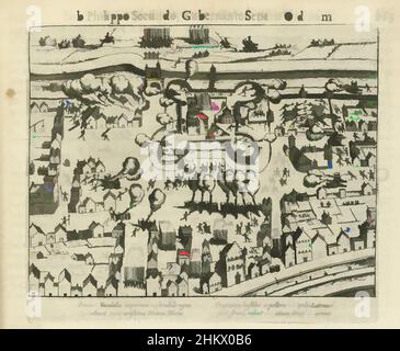 Kunst inspiriert von der Belagerung von Vredenburg, 1577, Belagerung und Eroberung der Burg Vredenburg in Utrecht durch die von Bossu kommandierte Staatsarmee, 11. Februar 1577. Blick auf die Festung und die umliegenden Straßen mit den verschiedenen Scharmützeln. Mit 4-zeiliger lateinischer Beschriftung. Nummeriert: 73. Auf der Rückseite gedruckt, modernisierte Classic Works von Artotop mit einem Hauch von Moderne. Formen, Farbe und Wert, auffällige visuelle Wirkung auf Kunst. Emotionen durch Freiheit von Kunstwerken auf zeitgemäße Weise. Eine zeitlose Botschaft, die eine wild kreative neue Richtung verfolgt. Künstler, die sich dem digitalen Medium zuwenden und die Artotop NFT erschaffen Stockfoto