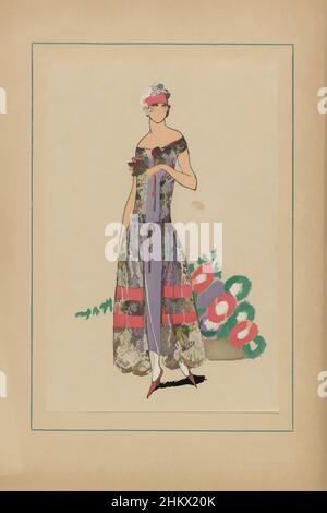 Art inspired by Très Parisien, 1923, No 8: 1 - FLEUR D'AUTOMNE., Sur un Fond de cr&amp;epe violett..., auf einem Hintergrund aus violettem Krepp ein breites Kleid aus goldener Spitze mit einem kleinen Band an der Taille. Stoffe von Racine. Zubehör: Stirnband, Blumencorsage, Pumps. Print aus der Mode, Classic Works modernisiert von Artotop mit einem Schuss Moderne. Formen, Farbe und Wert, auffällige visuelle Wirkung auf Kunst. Emotionen durch Freiheit von Kunstwerken auf zeitgemäße Weise. Eine zeitlose Botschaft, die eine wild kreative neue Richtung verfolgt. Künstler, die sich dem digitalen Medium zuwenden und die Artotop NFT erschaffen Stockfoto