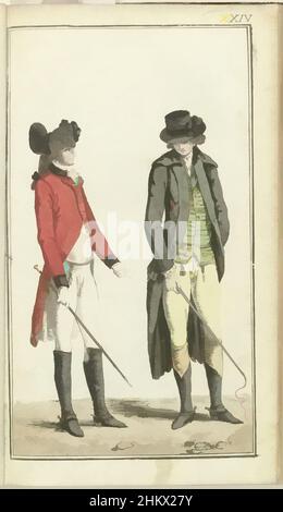 Kunst inspiriert von Journal des Luxus und der Modi 1786, Band I, T. 24, werden die Kleidungsstücke des französischen und deutschen Reiters verglichen. Der deutsche Reiter (links) ist elegant und kann nach dem Reiten in guter Gesellschaft gesehen werden. Auf dem Kopf ein Chapeau à l'Androsman (nicht als solche im Text genannt) Er ist, Klassische Werke modernisiert von Artotop mit einem Spritzer der Moderne. Formen, Farbe und Wert, auffällige visuelle Wirkung auf Kunst. Emotionen durch Freiheit von Kunstwerken auf zeitgemäße Weise. Eine zeitlose Botschaft, die eine wild kreative neue Richtung verfolgt. Künstler, die sich dem digitalen Medium zuwenden und die Artotop NFT erschaffen Stockfoto