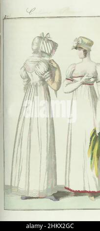 Art inspired by Journal des Dames et des Modes, Frankfurt Edition 25 août 1806, Costume Parisien (35), Laut dem Begleittext (S. 245 und 246): „Abb. 1. Percale Hut mit Kapuze, mit einem weißen Band unter dem Kinn gebunden. Bestickter Kravatte. Canezou à basques. Kurz aufgeblasen, Classic Works modernisiert von Artotop mit einem Schuss Modernität. Formen, Farbe und Wert, auffällige visuelle Wirkung auf Kunst. Emotionen durch Freiheit von Kunstwerken auf zeitgemäße Weise. Eine zeitlose Botschaft, die eine wild kreative neue Richtung verfolgt. Künstler, die sich dem digitalen Medium zuwenden und die Artotop NFT erschaffen Stockfoto