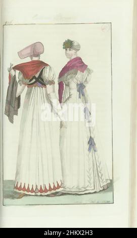 Kunst inspiriert von Journal des Dames et des Modes, Frankfurter Ausgabe 17 novembre 1806, Costume Parisien (47), zwei Frauen, von hinten gesehen. Gemäß dem Begleittext (S. 213): Abb. 1: Rosa Baldachin Hut, mit großem Baldachin. Robe aus weißem Musselin mit einer Garnierung aus Mohnblumen. Short Puff, Classic Works modernisiert von Artotop mit einem Schuss Moderne. Formen, Farbe und Wert, auffällige visuelle Wirkung auf Kunst. Emotionen durch Freiheit von Kunstwerken auf zeitgemäße Weise. Eine zeitlose Botschaft, die eine wild kreative neue Richtung verfolgt. Künstler, die sich dem digitalen Medium zuwenden und die Artotop NFT erschaffen Stockfoto