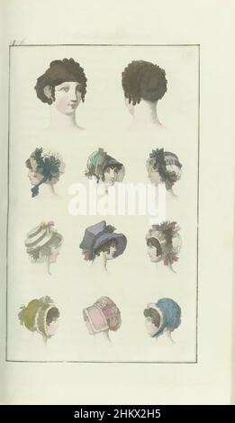 Art inspired by Journal des Dames et des Modes, Frankfurt Edition 20 octobre 1806, Costume Parisien (43), Eine Frisur und mehrere Hüte, nummeriert von 1 bis 10. Nach dem Begleittext (S. 103 und 104): Abb. 1: Frisur mit gefransten Locken und Perlenketten, aus der Sicht von Classic Works modernisiert von Artotop mit einem Schuss Modernität. Formen, Farbe und Wert, auffällige visuelle Wirkung auf Kunst. Emotionen durch Freiheit von Kunstwerken auf zeitgemäße Weise. Eine zeitlose Botschaft, die eine wild kreative neue Richtung verfolgt. Künstler, die sich dem digitalen Medium zuwenden und die Artotop NFT erschaffen Stockfoto