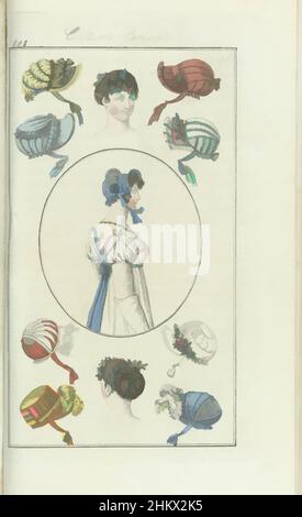 Art inspired by Journal des Dames et des Modes, Frankfurt Edition 6 novembre 1808, Costume Parisien ( (45), vier verschiedene Frisuren und Hüte, von vorne und hinten gesehen. Nach dem Begleittext (S. 157, 158 und 159): Chapeau de marcelline en Tule: Der gleiche Tüll, der auch für klassische Werke verwendet wurde, die von Artotop mit einem Schuss Moderne modernisiert wurden. Formen, Farbe und Wert, auffällige visuelle Wirkung auf Kunst. Emotionen durch Freiheit von Kunstwerken auf zeitgemäße Weise. Eine zeitlose Botschaft, die eine wild kreative neue Richtung verfolgt. Künstler, die sich dem digitalen Medium zuwenden und die Artotop NFT erschaffen Stockfoto