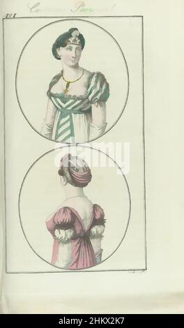 Art inspired by Journal des Dames et des Modes, Frankfurt Edition 15 Février 1808, Costume Parisien (7), zwei weibliche Figuren, am Halbmast mit gedrehter Kopfbedeckung, in Ovalen. Der Begleittext (S. 181) Staaten: Coiffure teilweise mit Samt, teilweise mit Gaze aus Goldfaden. Halskette, Classic Works modernisiert von Artotop mit einem Schuss Moderne. Formen, Farbe und Wert, auffällige visuelle Wirkung auf Kunst. Emotionen durch Freiheit von Kunstwerken auf zeitgemäße Weise. Eine zeitlose Botschaft, die eine wild kreative neue Richtung verfolgt. Künstler, die sich dem digitalen Medium zuwenden und die Artotop NFT erschaffen Stockfoto