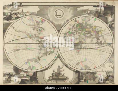 Kunst inspiriert von Weltkarte, Nouvelle Mappe-Monde, Les Indes Orientales et Occidentales et autres lieux (Serientitel), Weltkarte in zwei Hemisphäre: Der westlichen und östlichen Hemisphäre. In den Ecken Darstellungen der vier Jahreszeiten und/oder der vier Elemente. An der Spitze, Classic Works modernisiert von Artotop mit einem Hauch von Modernität. Formen, Farbe und Wert, auffällige visuelle Wirkung auf Kunst. Emotionen durch Freiheit von Kunstwerken auf zeitgemäße Weise. Eine zeitlose Botschaft, die eine wild kreative neue Richtung verfolgt. Künstler, die sich dem digitalen Medium zuwenden und die Artotop NFT erschaffen Stockfoto