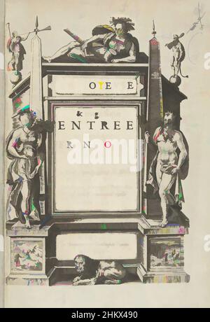 Kunst inspiriert von Titeldruck zur Beschreibung des Eintrags des Herzogs von Anjou in Antwerpen, 19. Februar 1582, La ioyeuse et magnifique entrée de Françoys, fils de France, et frere unique du Roy, par la Grave de Dieu, Duc de Brabant, d'Anjou, Alençon, Berri &amp;c. en sa tres-renommée, Klassische Werke, die von Artotop mit einem Schuss Moderne modernisiert wurden. Formen, Farbe und Wert, auffällige visuelle Wirkung auf Kunst. Emotionen durch Freiheit von Kunstwerken auf zeitgemäße Weise. Eine zeitlose Botschaft, die eine wild kreative neue Richtung verfolgt. Künstler, die sich dem digitalen Medium zuwenden und die Artotop NFT erschaffen Stockfoto