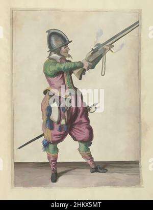 Kunst inspiriert von Soldier, der das Ruder mit beiden Händen hebt (Nr. 10), c. 1600, Ein Soldat, in voller Länge, rechts, hält ein Ruder (eine bestimmte Art von Schusswaffe) mit beiden Händen und hebt es diagonal an (nein 10), c. 1600. Tafel 10 in der Anleitung zum Umgang mit dem Ruder: Shortest, Classic Works modernisiert von Artotop mit einem Schuss Modernität. Formen, Farbe und Wert, auffällige visuelle Wirkung auf Kunst. Emotionen durch Freiheit von Kunstwerken auf zeitgemäße Weise. Eine zeitlose Botschaft, die eine wild kreative neue Richtung verfolgt. Künstler, die sich dem digitalen Medium zuwenden und die Artotop NFT erschaffen Stockfoto