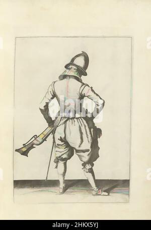 Kunst inspiriert von Soldier mit einem Helm, der sein Pulverhorn ergreift (Nr. 21), c. 1600, Ein Soldat, in voller Länge, von hinten gesehen, hält ein Steuerruder (eine bestimmte Art von Schusswaffe) mit seiner linken Hand in der Nähe seines linken Oberschenkels, wobei der Lauf diagonal nach oben zeigt (Nr. 1) 21), c. 1600. Mit der rechten Hand modernisierte Classic Works von Artotop mit einem Schuss Modernität. Formen, Farbe und Wert, auffällige visuelle Wirkung auf Kunst. Emotionen durch Freiheit von Kunstwerken auf zeitgemäße Weise. Eine zeitlose Botschaft, die eine wild kreative neue Richtung verfolgt. Künstler, die sich dem digitalen Medium zuwenden und die Artotop NFT erschaffen Stockfoto