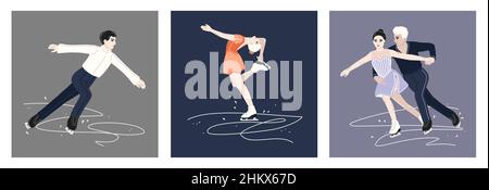 Figur Skating Athleten auf einem Wettbewerb Kostüme. Schlittschuhlaufen, Einzelskaten von Frau und Mann Stock Vektor